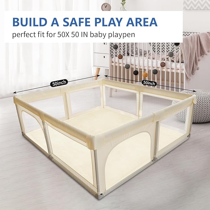 Huloo Sleep Ultra Soft Baby Play Mat for Floor,1.3" Thick Elasti-Foam 50x50 Playpen Mat for Toddlers Infant kids,Non-Slip Backing Safe for Crawling&Tummy Time,Tatami Style (Vanilla)