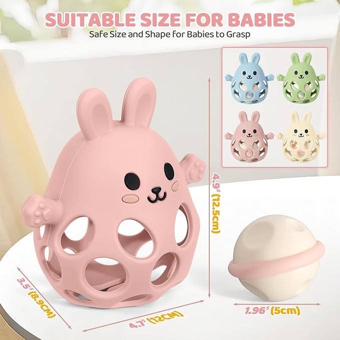 Orzbow Bunny Teether for Baby, Easter Teether with 2 in 1 Rattle & Teething, Easy Grasp Teething Mittens for Babies 3-12 Months, Food Grade Silicone, Newborn Infant Easter Basket Stuffers Gifts, Pink