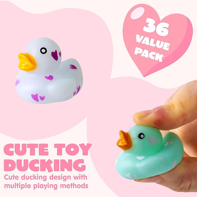 JOYIN 36 Pcs Valentine’s Day Mini Rubber Ducks with Cards for Kids, 4 Colors Duckies Bath Toys with 4 Card Designs for Classroom Exchange Prizes, Valentine Party Favors Toys