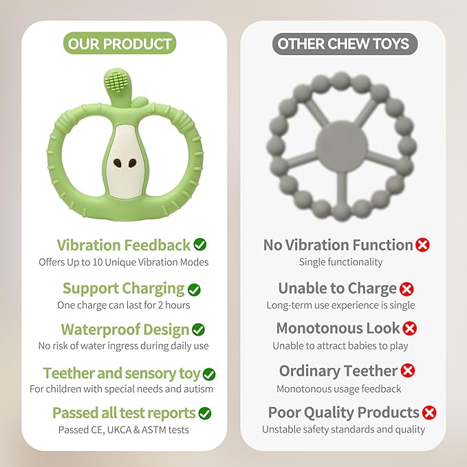 Vibrating Teether for Baby with Remote Control - Chewy Sensory Toy for Teething & Autism, 10-Speed Vibration Modes, USB Rechargeable, Food Grade Silicone Teether for Sensory Seekers (Green)