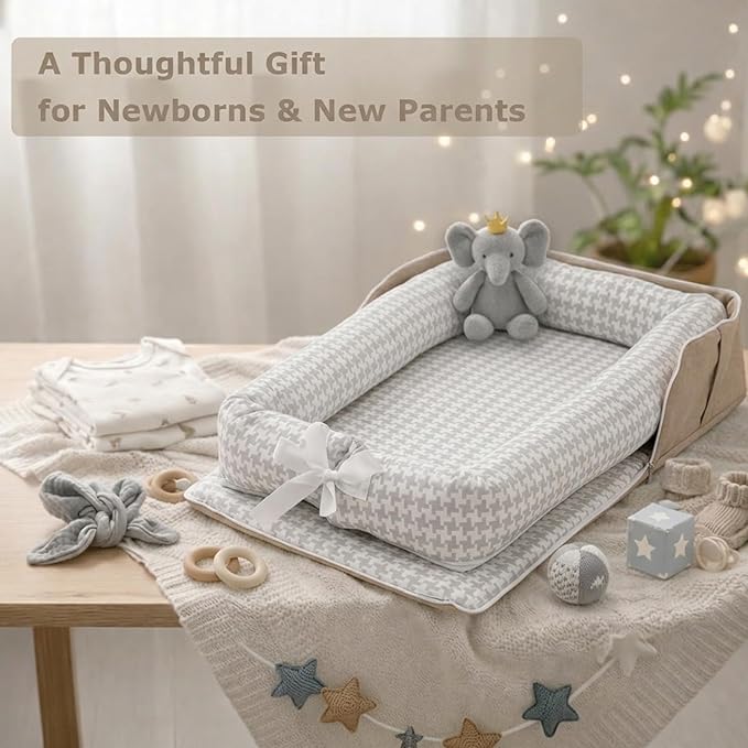 Baby Lounger for Newborn Portable Bag,Baby Nest Play Gym mat with Strap,Newborn Lounger Adjustable Size & Inner Zipper Lengthen Space to 24 Months(Gray Thousand Bird Check)