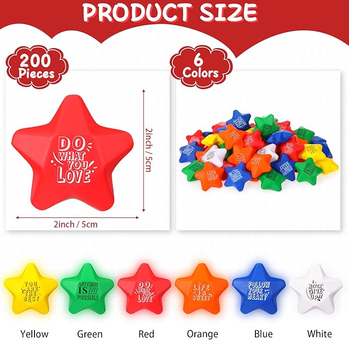 Leyndo 200 Pcs Star Stress Balls for Adults & Kids Bulk Motivational Quotes Stress Relief Colorful Foam Squeeze Balls Relief at Work/School/Home, Perfect Party Favors