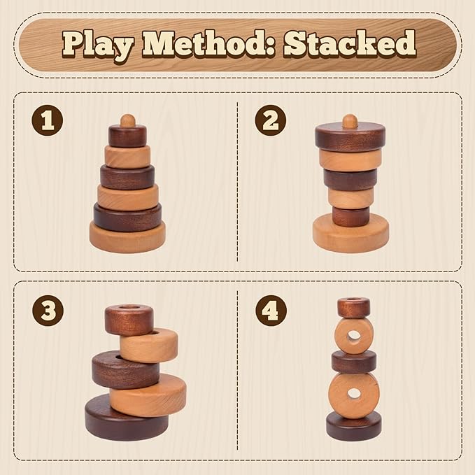 Adena Montessori Ring Wooden Stacking Toy,Montessori Geometric Stacker Wooden Educational Toy,Baby and Toddler Ages 12+ Months Shape Sorter and Stacking Toy, Stacking Tower Toy for Babies(Circle)