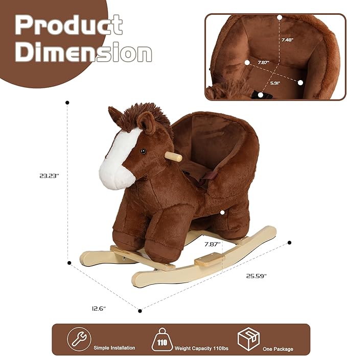 Pony Baby Rocking Horse for Toddlers 1 Years to 3 Years, Stuffed Plush Ride-on Rocking Animal with Realistic Sound and Music, Wooden Rocking Toy with Seat, Brown Horse, CPC Certified