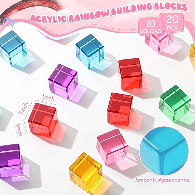 Meooeck 20 Pcs Acrylic Gem Cubes Blocks for Kids Translucent Rainbow Building Blocks Crystal Light Shadow Stacking Toys for School Education Training Learning(2.5 x 2.5 x 2.5 cm)