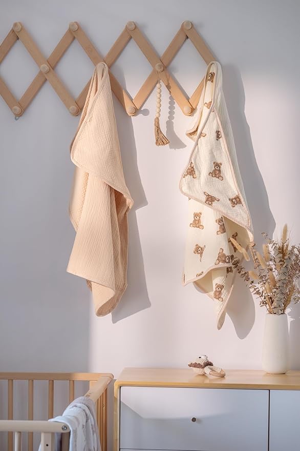Little Jump Hooded Baby Towels for Newborn - 2 Pack 100% Cotton Muslin Baby Bath Towel, Soft and Absorbent for Boys Girls Infant, Large 32x32 Inches (Teddy Bears & Khaki)