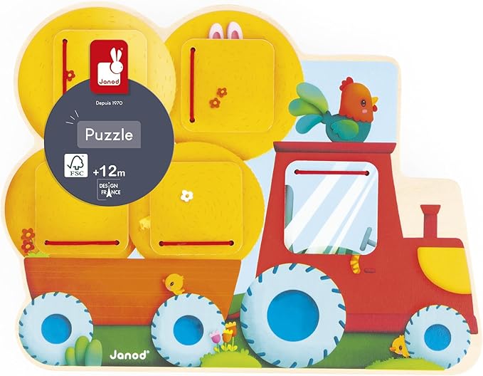 Janod - Farm Puzzle (Yellow) - Child Development - Dexterity Development - Tactile Learning Experience - Easy Grip Design for Little Hands - Animal Recognition Fun - Durable Wooden Construction