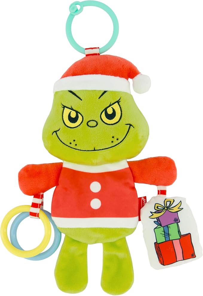 Infantino Activity Pal The Grinch, Baby Sensory Clip-On Toy with Crinkle Body, Rattling Presents & Clacker Rings, Stroller & Car Seat Companion, Holiday Baby Gift & Stocking Stuffer