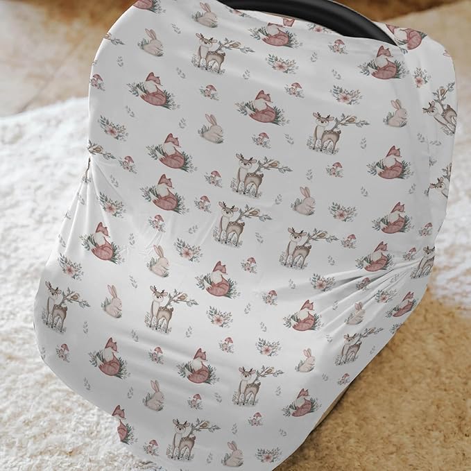 Neutral Boho Animal Baby Car Seat Covers Deer Rabbit Fox Floral Mushroom Stretchy 5-in-1 Cover Adjustable Infant Carseat Canopy Cover Baby Forest Animals Breathable Nursing Cover-Up