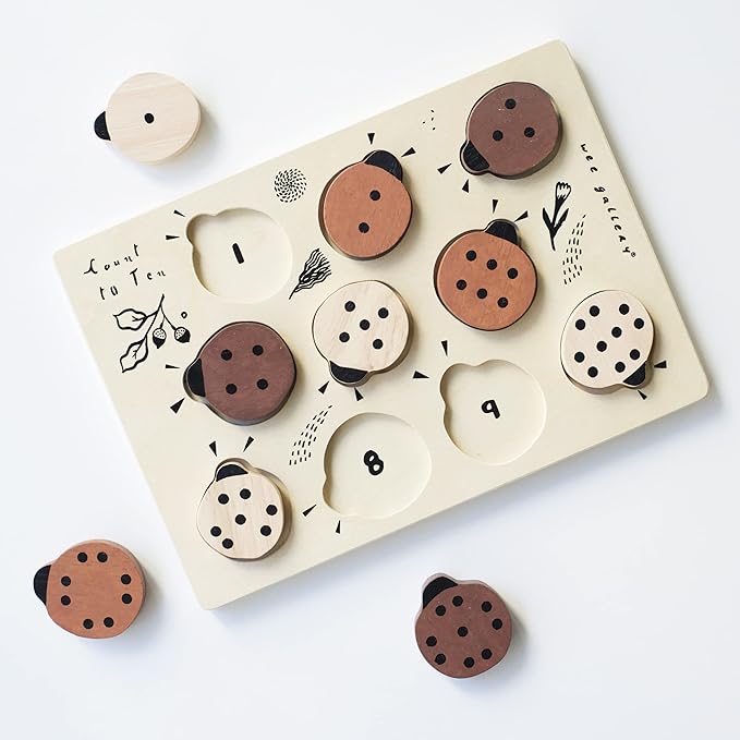 Wee Gallery Wooden Puzzles for Toddlers 1-3 – Count to Ten Ladybugs Toddler Puzzle, Puzzles for 1 Year Old & Up, Wooden Toddler Puzzle for Fine Motor Skills & Early Number Learning