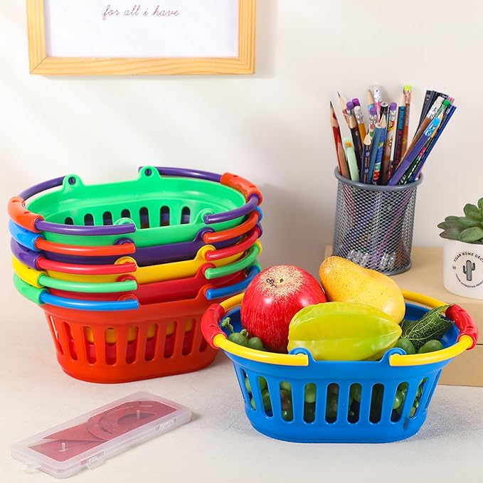 Reallnaive 6 Pack Plastic Small Baskets with Handle Bulk Colorful Picnic Shopping Stack of Baskets for Grocery Storage for Picnic Camping Easter Party Supplies