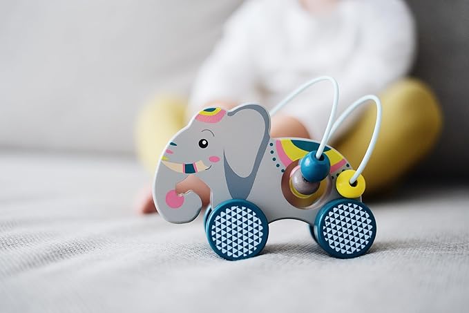Small Foot Wooden Toys Push-Along Elephant with an Activity Loop & Beads Designed For Children 12+ Months