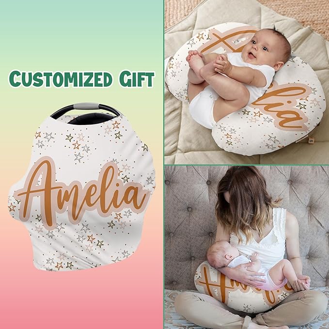 Personalised Car Seat Cover for Girls and Boys - 7 in 1 Multipurpose Breast Feeding Cover, White Star Nursing Cover, Grocery Cart Cover - Birthday Gift for Babies