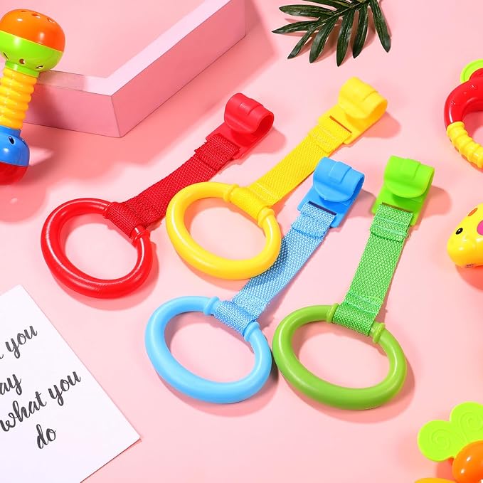 Kisangel 4pcs Baby Play Gym Pull Ring Baby Bed Stand Up Rings Nursery Baby Cot Rings Toddler Activity Kids Walking Training Tool