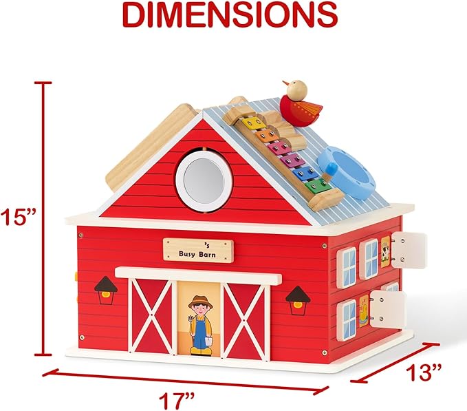 Monläurd® Wooden Activity Cube for Toddlers 1-3, Farm Barn Montessori Busy Board Toy, 12-in-1 Sensory Activity Center for Baby Fine Motor Skills, Large Educational Learning Toy for Boys Girls