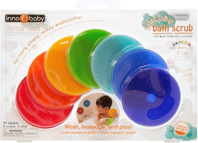 Innobaby Bathin' Smart Rainbow Spots Silicone Bath Scrub for Kids and Toddlers, 7-Pack Value.