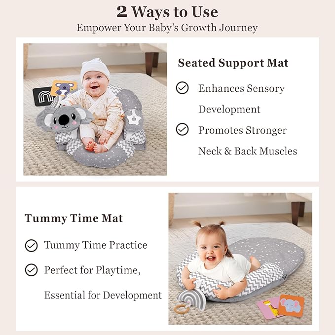 4 in 1 Tummy Time Mat with Educational Cards, Play Mat & Sitting Support for Newborn 0-12 Months, Infant Baby Sit Me Up Floor Seat, Sensory Skills Gifts, Koala