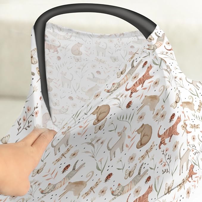 Cute Cat Boho Floral Leaves Baby Car Seat Covers Fun Kittens Meadow Butterflies Stretchy 5-in-1 Cover Adjustable Infant Carseat Canopy Cover Cats Lover Gift Breathable Nursing Cover-Up