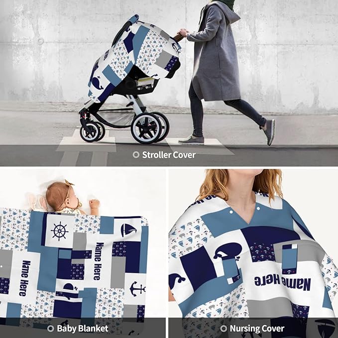 Personalized Anchor Baby Car Seat Canopy for Babies with Name, Custom Sailboat Car Seat Covers for Boys Girls, Peekaboo Opening Minky Nursing Cover Infant Car Seat Canopies for Newborn