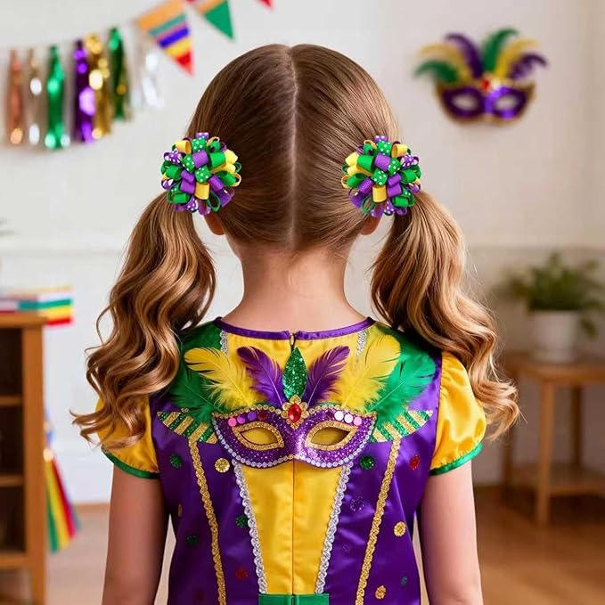 Mardi Gras Korker Hair Bows 3'' Girls Curly Corker Bow Alligator Clips Purple Yellow Green Grosgrain Ribbon Fireworks Flowerball Accessories Kids Favor Gift