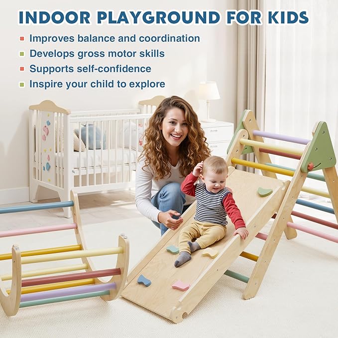 Foldable Pikler Triangle Climbing Set Wooden 7 in 1 Montessori Climber Toys for Toddlers 1-3 Baby Jungle Gym Indoor Slide Playground with Ramp/ Arch/ Ladder Large Kids Activity Center Boy & Girl Gift