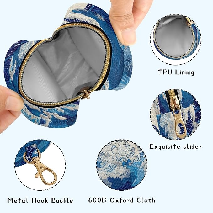 Pacifier Holder with Clip Pacifier Case for Diaper Bag Round Baby Pacifier Pouch Box Bag Portable Deep Blue Sea Waves