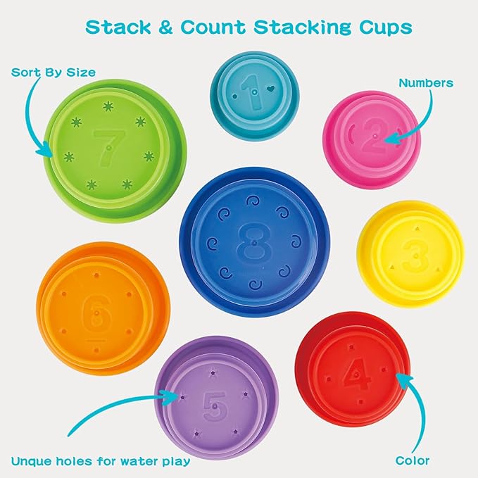 Bath Toys for Babies 6-12 Months, 14PCS Baby Stacking Cups for Toddlers 1-3 with Colorful Bathtub Water Toys and Educational Nesting Cups & Bath Spoons Montessori Bath Toys for 1 Year Old
