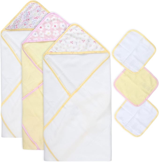 Baby Bath Essential Hooded Baby Bath Towel and Washcloth 6 Piece Set for Newborns, Infants & Toddlers, Boys & Girls Baby Hooded Towels Set (Daisy Flowers)