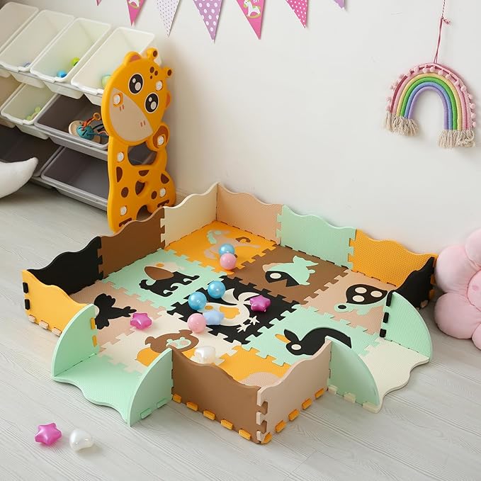 Foam Play Mat for Kids，25Pcs Square Interlocking Puzzle Floor Mat，Baby Play Mat Floor Mat Foam Puzzle Playmat for Toddlers with Fence（Animal-CSH005