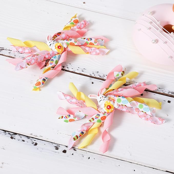 Easter Pink Bunny Hair Clips for Girls Women Colorful Egg Korker Curly Corker Ribbon Bow Alligator Clips,Her Holiday Dress Outfits Decorative Accessories Party Favor Gift