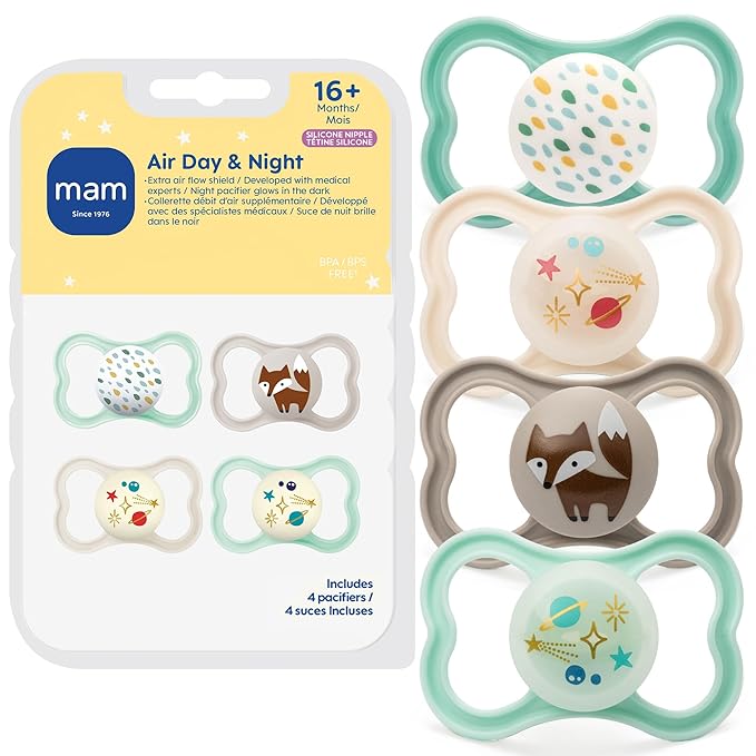 MAM Air Pacifier for Babies 16+ Months, Extra Air Flow for Sensitive Skin, Glows in The Dark, Developed with Medical Experts, BPA-Free Skin Soft Silicone, 4 Count, Made in Europe