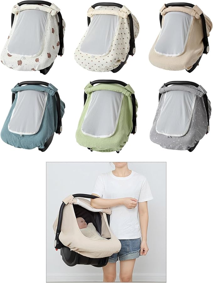 Yuly Baby Car Seat Cover - Stretchy Canopy with Breathable Mesh - Universal Fit - Beige Cotton, Mesh - Not Water Resistant