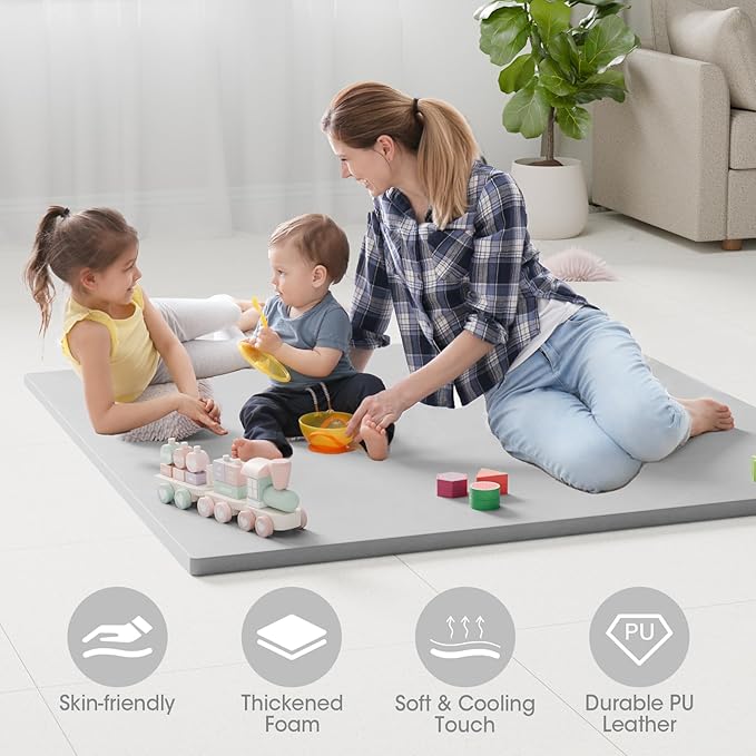 Comehealthy Baby Play Mat for Floor, 50x50 Vegan Leather Playpen Mat, Thickened Foam Cushioned Mat for Infants and Toddlers, Waterproof, Non-Slip & Stylish Playmat for Babies, Easy to Clean, Gray