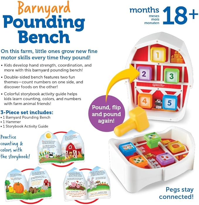 Learning Resources Barnyard Pounding Bench, Farm Animals for Kids, Fine Motor Skills, Montessori Toys, Hammer Toy , Ages 18 Months+, 3 Pieces
