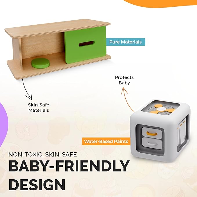 Montessori Baby Toys 10-12 Months, Montessori Toys for 1 Year Old, Baby Sensory Toys for 10-12 Month Infants - A Sliding Box, Puzzle, Switchboard, Pulling Carrots, Doll, Fruit Flash Cards