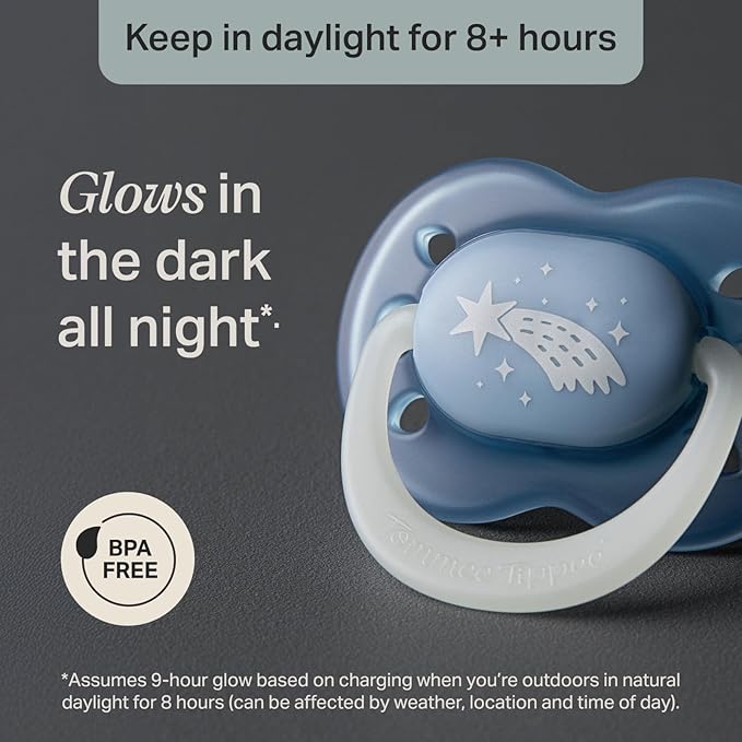 Tommee Tippee Night Time Pacifier, 0-6 Months, Symmetrical Silicone Baglet, BPA-Free Binkies, Glow in The Dark Technology, Twilight Tones, Pack of 4