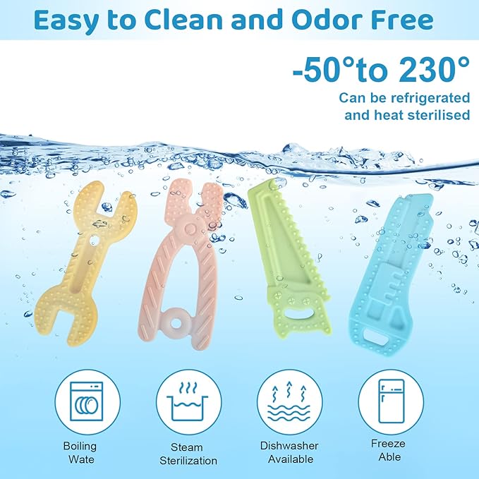 Yinghezu 8 Pack Chew Baby Teething Toys for 0-12 Months, Freezable BPA Free Silicone Baby Molar Teether Chew Toys, Hammer Wrench Spanner Pliers Hand Saw Shape Baby Girl's Boy Car Seat Toy