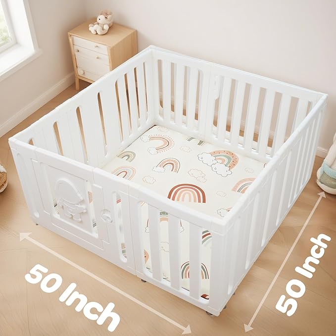 1.5" Thick Premium Baby Floor Play Mat, 50x50 Padded Memory Foam Mat, Tummy Time Crawling Playmat for Nursery Playroom Classroom, Rainbow