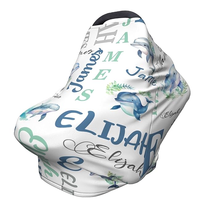Personalized Baby Car Seat Cover with Name Stroller Canopy Custom Whale Carseat Cover Newborn Baby Boy Girl Nursing Cover for Moms First Birthday Gift