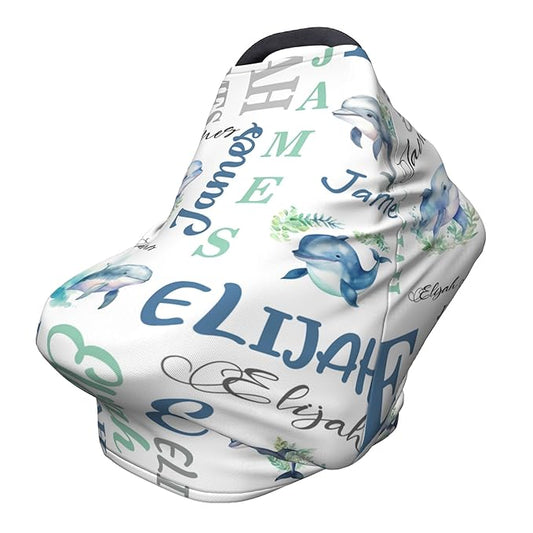Personalized Baby Car Seat Cover with Name Stroller Canopy Custom Whale Carseat Cover Newborn Baby Boy Girl Nursing Cover for Moms First Birthday Gift