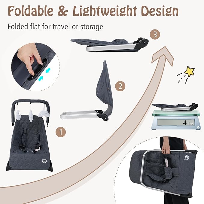 BABY JOY Baby Bouncer, Foldable Baby Bouncer Seat with 5-Point Safety Harness, Removable Fabric Cover & 3 Plush Toys, Portable Infant Bouncer for Babies 0-6 Months (Dark Grey)
