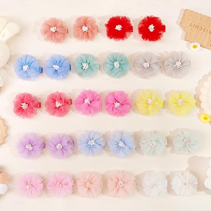 DeD 28PCS 2" Chiffon Flower Hair Clips with Pistil Tiny Hair Clips Fine Hair Accessories for Girls Infants Toddlers Set of 14 Pairs
