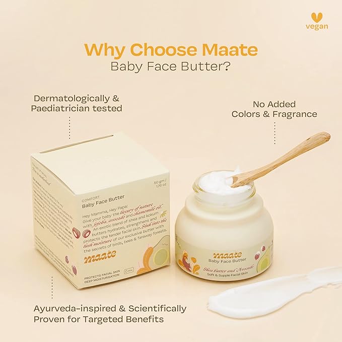MAATE Baby Face Butter (50 gm) | Enriched with Shea Butter & Avocado | Baby Cream For Face | Baby Face Butter For Kids 0-12 years | Nourishes & Softens Skin | Quick Absorbing and Extremely Light