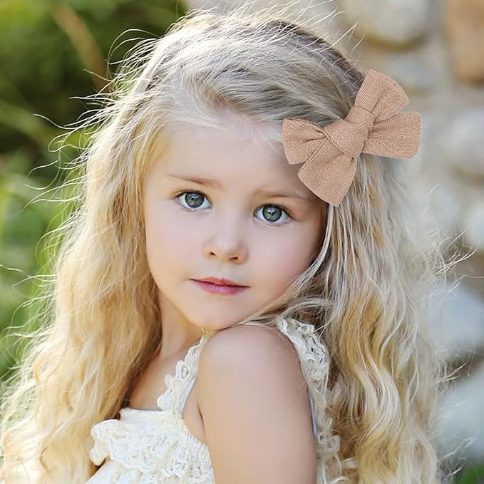 3.2'' Girls Light Brown Linen Hair Bows Clips - Alligator Clips Hair Accessories for Little Girls, Toddlers, Kids, and Teens