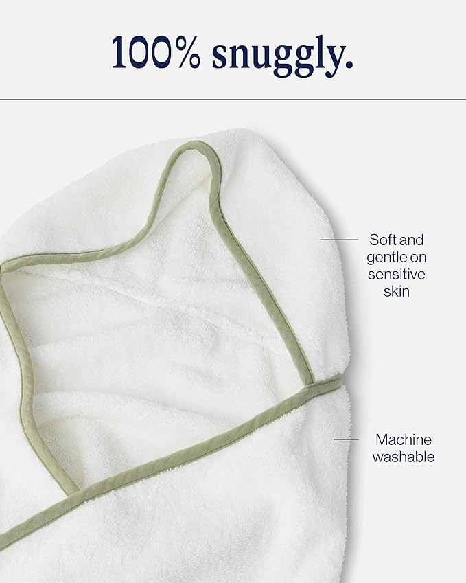 Lalo The Hooded Towel & Washcloth Set, 100% Organic Cotton, Soft on Sensitive Skin, Durable & Absorbent, Machine Washable, Includes One Baby Towel and Two Washcloths - Sage