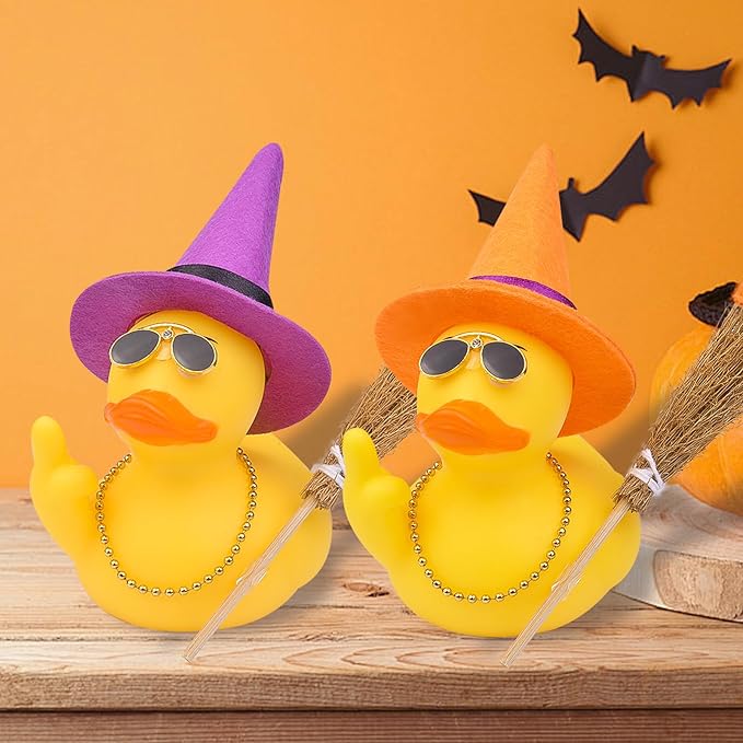 Halloween 3.15" Fun Rubber Duck Witch Duck Car Dashboard Decorations Halloween Witch Hat Broom Sunglasses Necklace for Car Home for Office Accessories