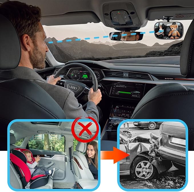 Car Interior Rearview Baby Mirror, Wide Angle Convex HD 360° Adjustable Rearview Mirror for Backseat Kids, Clip-on Sun Visor Safety Rearview for Monitoring Infant Child, Universal Fit