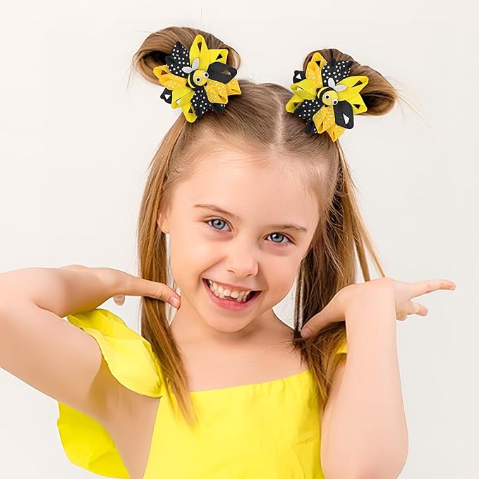 Bee Bow Hair Clips Cute Bee Hair Bows Hair Barrettes Honeybee Yellow Black Polka Dot Bows Hair Pins Spring Hair Accessories for Girls Toddlers Teens Animal Themed Birthday Party Supplies 2PCS