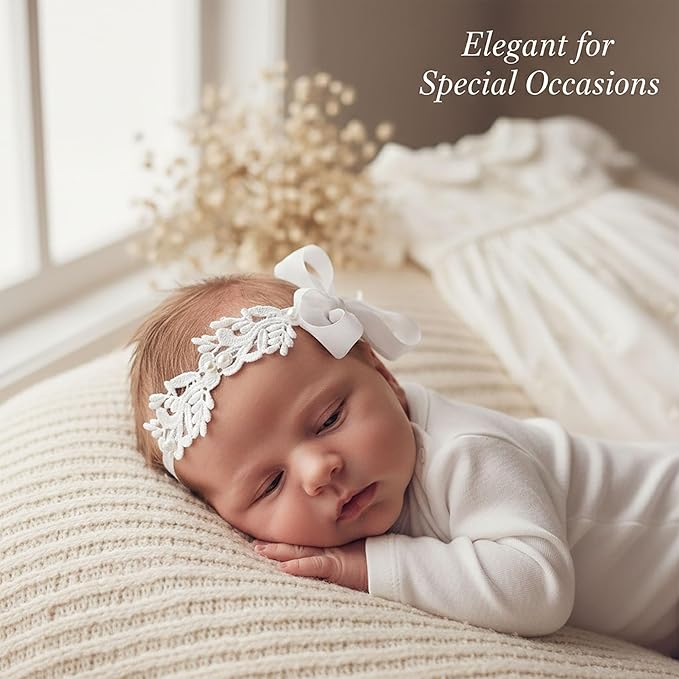 2-Pack Adjustable Baptism Headband for Baby Girl, White Lace Christening Headbands with Pearl & Flower, Elastic Soft Hair Accessories for Newborn Infant Toddler
