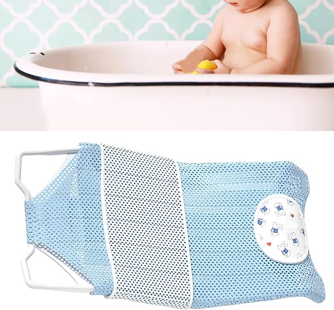 Fafeicy Baby Bath Seat Support Non Slip Mesh Cushion Portable Bath Tub Seat Net for Newborns to Toddlers (Blue, Pillow, Slip Pad)